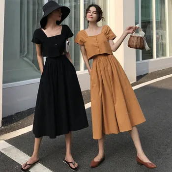 

Women crop top and skirt set summer vintage two twin style square neck cotton skirt top two piece set