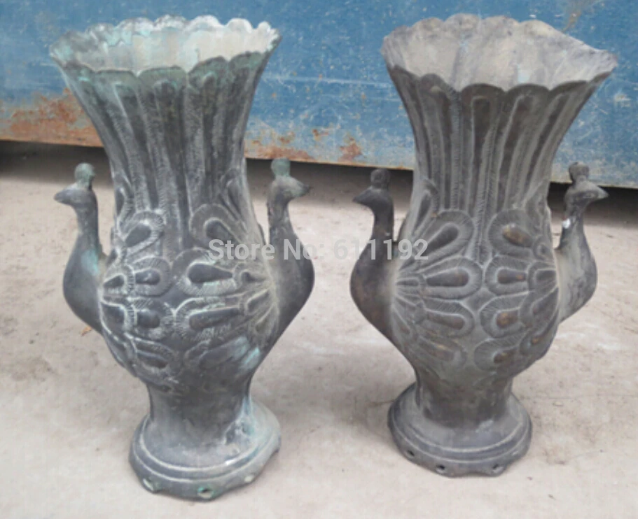

A Pair 18 CM high Antiques home decor vases chinese bronze carved double Peacock vase