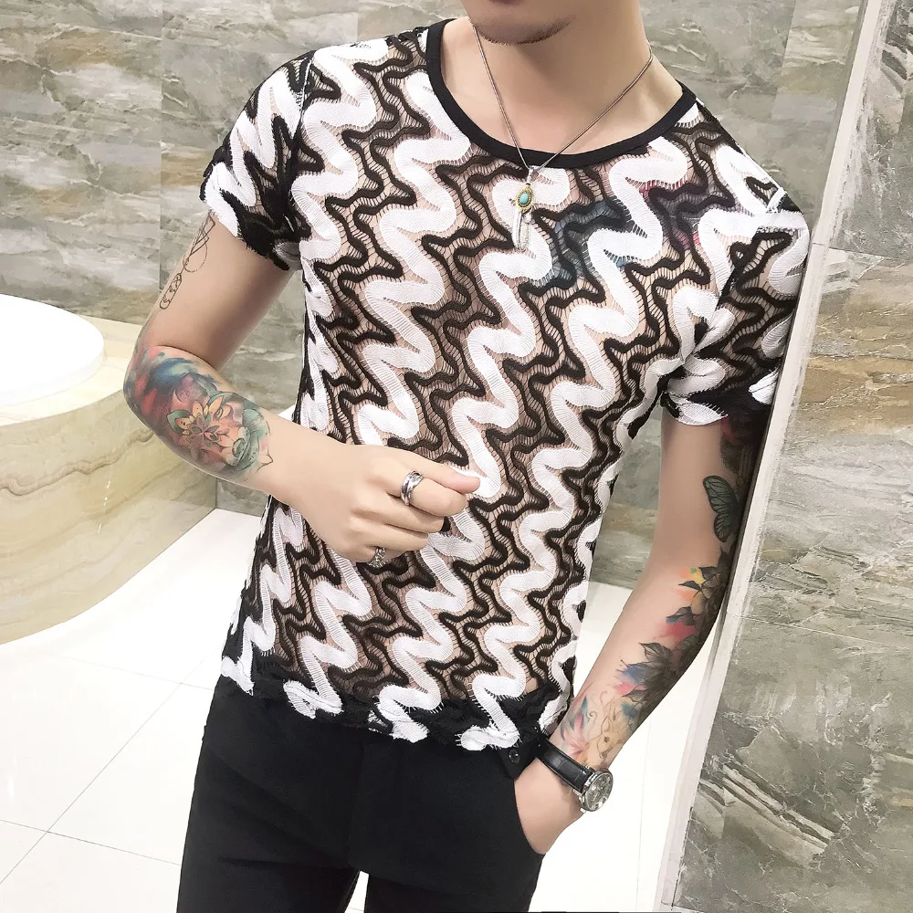 

Summer New T-Shirt Men Fashion 2019 Short Sleeve Hollow Mens T Shirts Round Collar Slim Fit Breathable Casual Tee Shirt Homme