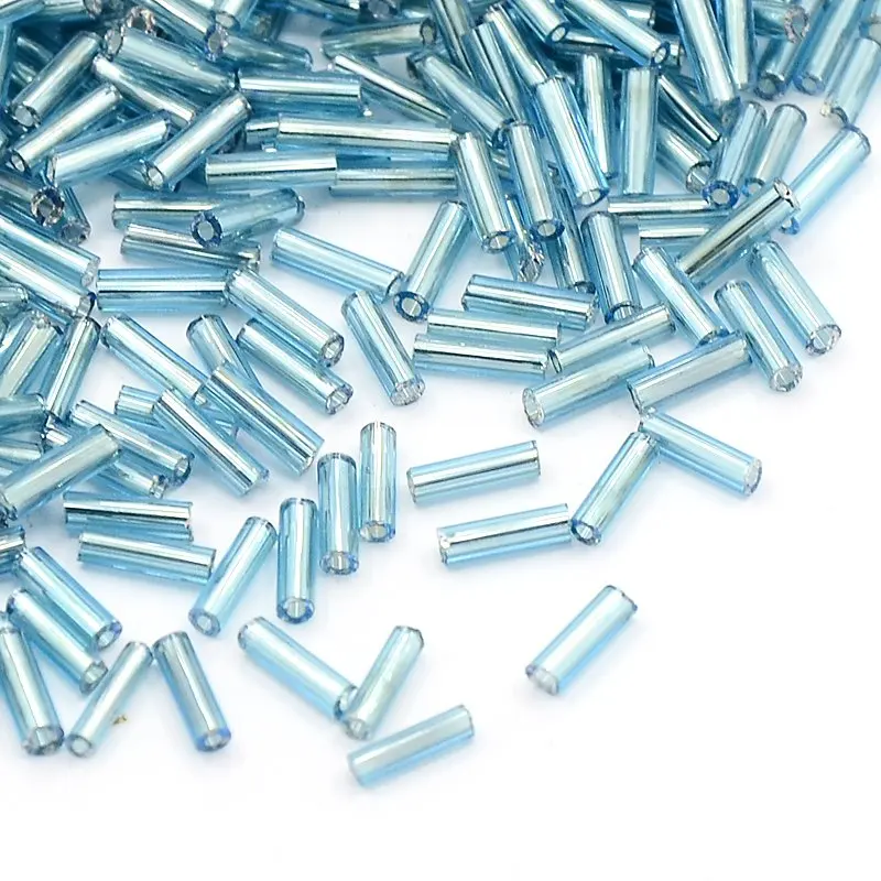 3" Glass Bugle Beads, Silver Lined, SkyBlue, 6x1.8mm, Hole 0.6mm