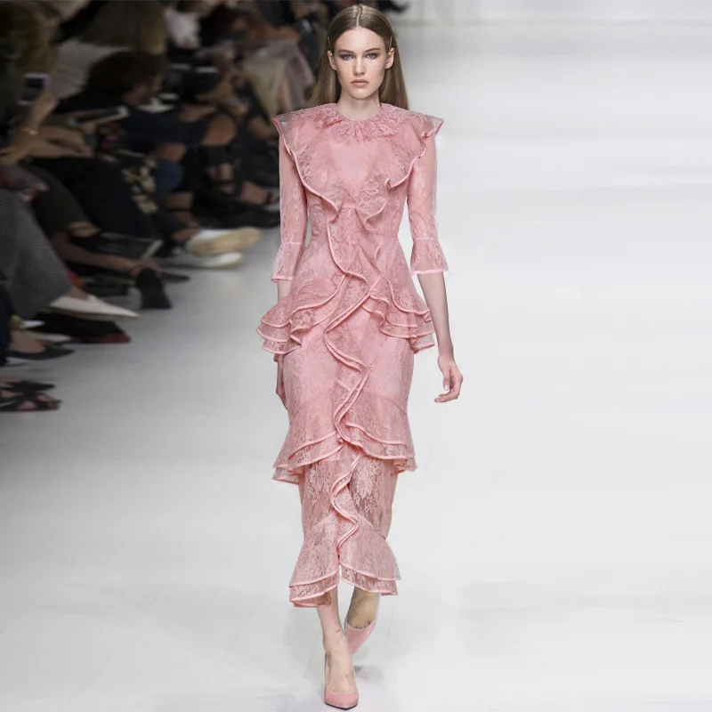 pink maxi lace dress o-neck ruffles half sleeve mulit-layer mermaid dress ladies party dress fast shipping hot sale