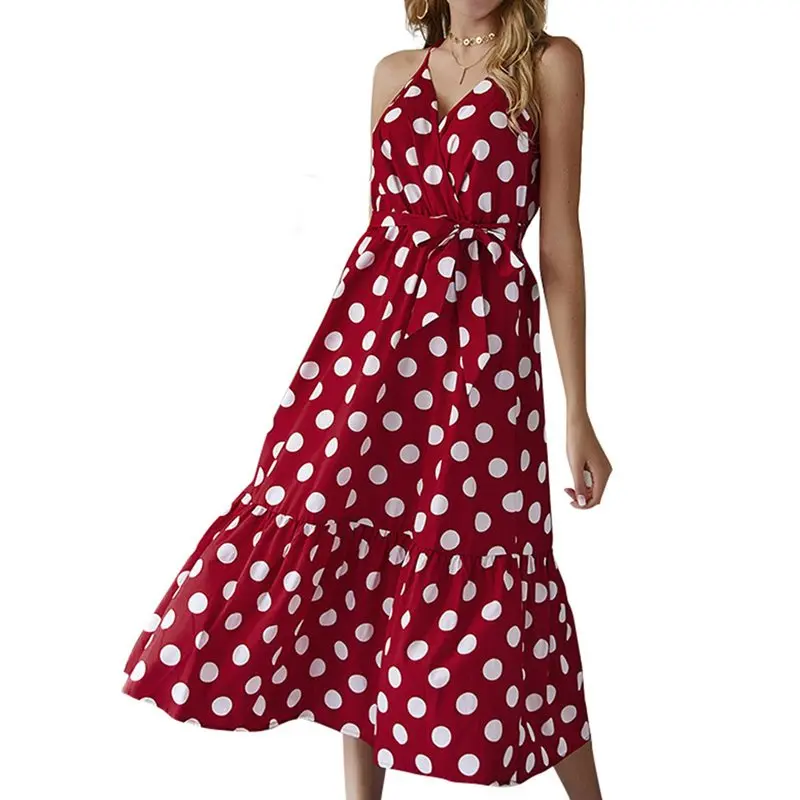 

Summer Sexy Sweet Elegant Travel Beach Pleated Women Dresses Casual Retro Spaghetti Strap Backless Print Dots Female Boho Dress