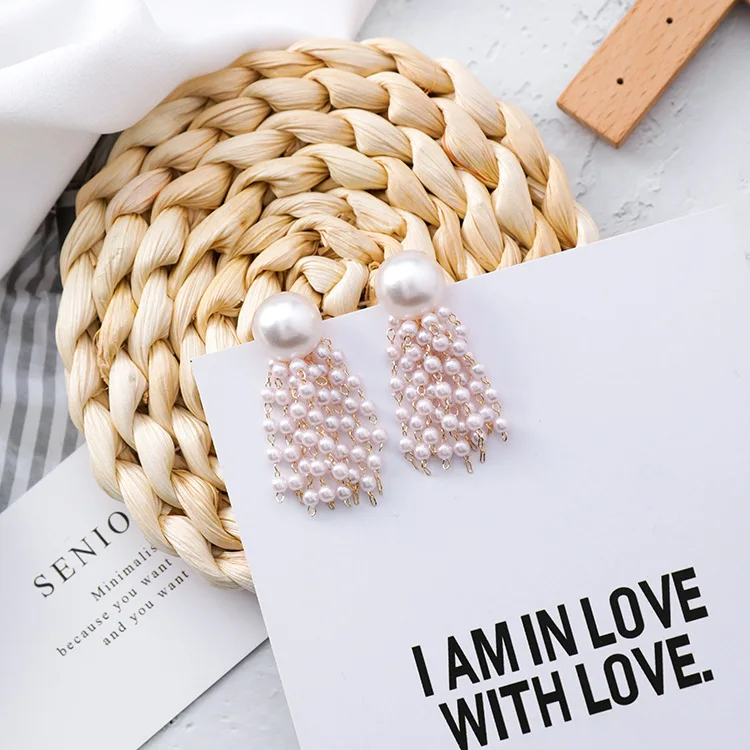 

Korean Fashion Women Tassel Dangle Earrings Elegant Simulated Pearl Beads Long Pendientes Girl Ear Jewelry Accessories Gift