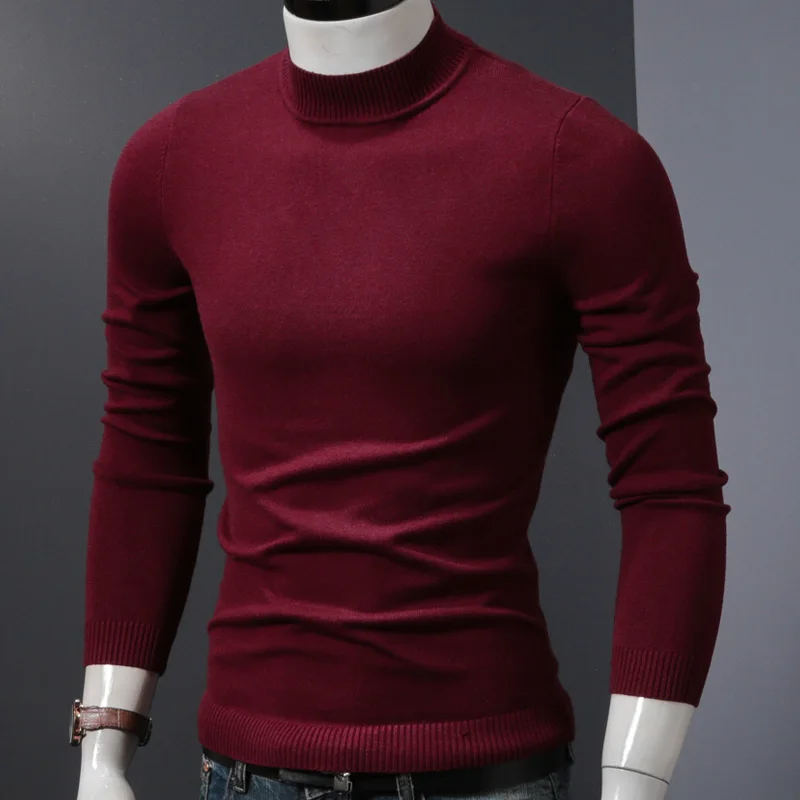 Мужская половина свитер с высоким воротом мужские зимние модные утепленные свитера тонкий пуловер вязаный Весенняя и осенняя одежда тонкий сплошной цвет - Цвет: wine red