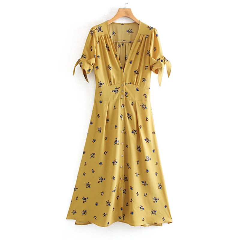 Women's Clothing Dress 2019 Printed V-Neck Lace-Up Sleeve Dress Ms Summer Street Sexy Slim Fit Temperament Clothing