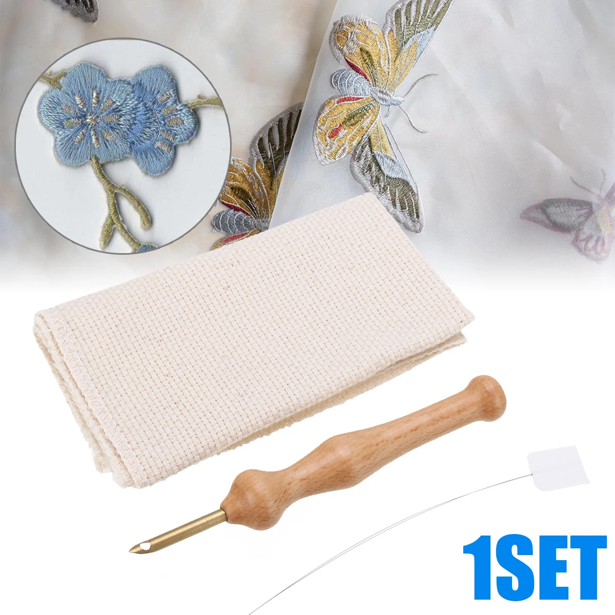 1 Set Embroidery Pen Punch Needle+Cloth Wooden Handle Craft Tools for DIY Sewing Stitches Embroidery Weaving Tool Sewing Tool