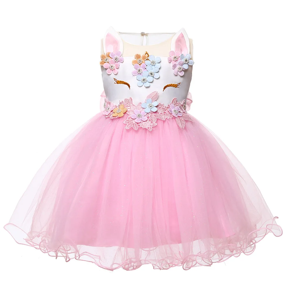 Платье для крещения с единорогом для маленьких девочек Кружевное платье-пачка принцессы для маленьких девочек возрастом от 0 до 24 месяцев, платье для первого дня рождения праздничное платье на день рождения, Vestido - Цвет: Розовый