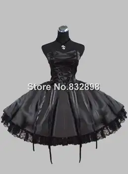 

Gothic Black Lace Up Silk-like Sleeveless Victorian Inspired Theater Dress