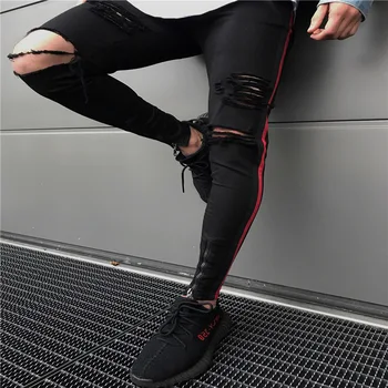 

HOt 2020 spring autumn Casual striped ripped hole locomotive hip hop Cross-border high street leg Zipper fashion men's jeans