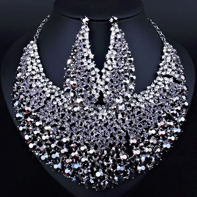 Элегантные Свадебные ювелирные изделия Полный Цвет Кристалл Стразы ожерелье серьги для женщин африканские ювелирные наборы