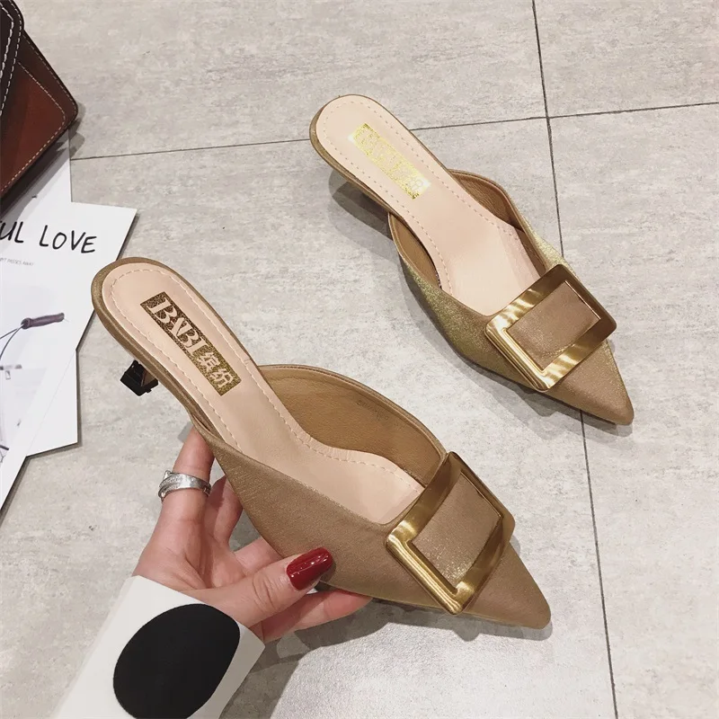 

Summer Mules Ladies Slippers Women Shoes Woman Thin Mid Heels Solid Pointed Toe Fashion Female Shoes for Women Drop Shipping