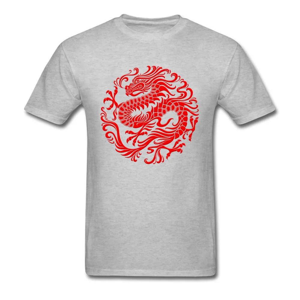 Fitted Traditional Red Chinese Dragon Circle T-shirts Summer Fall Round Collar 100% Cotton Tees for Men Tee-Shirts Normal Traditional Red Chinese Dragon Circle grey