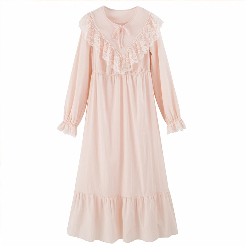 Новинка, осенняя Женская длинная Пижама, кружевная белая и розовая пижама, ночная рубашка из хлопка, милая винтажная ночная рубашка