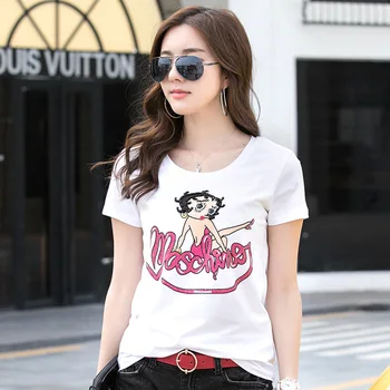 

Brand Europe New Women Summer Hand Made Beading Rhinestone Letter Printing T Shirt Tops Female Casual Short Sleeve Shirts Tees