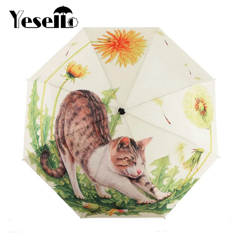

Yesello Cute Naughty Cat and Dandelion Cartoon Three Folding Umbrella 8 Rib Wind Resistant Frame For Women