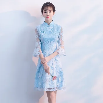 

Blue Traditional Chinese Dress Qipao Ladies Evening Dresses Vintage Cheongsam Women Bride Short Lace Cheongsam Modern Dress