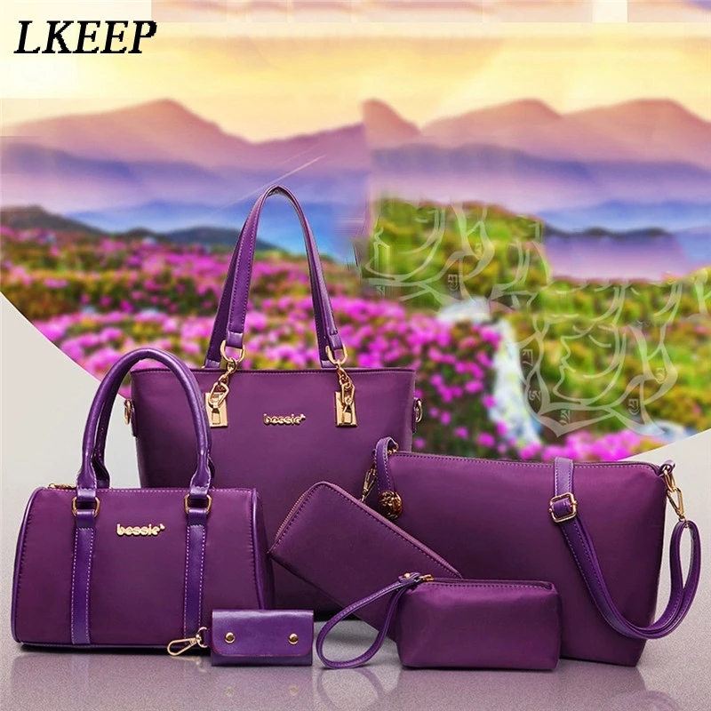 

6 Pcs / Set Fashion Women Composite Bags PU Leather Diamond Lattice Print Women Handbag Shoulder Bag Wallets Purse Key Bag Set