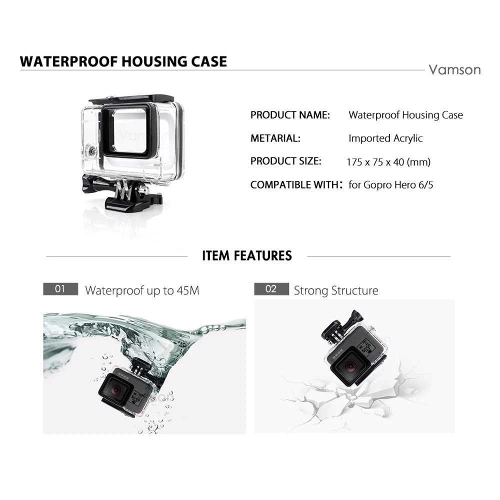 Аксессуары Vamson для Gopro Hero 7 черный 6 5 4 водонепроницаемый защитный корпус дайвинга