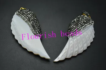 

White Mop Shell Carved Angle Wing Feather Shape Pendant Paved Crystal Beads On Top Fit Necklace Jewelry Handmade Free Shipping