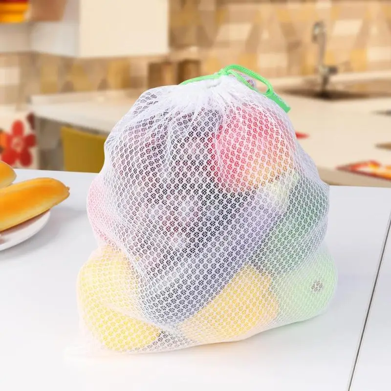 1pc Reusable Mesh Produce Bags Kitchen Grocery Fruit Vegetable Toys Sundries Storage Pouch Washable Rope Drawstring Mesh Bags