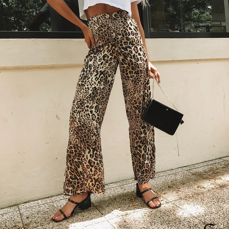 Тонкие летние леопардовые брюки с принтом женские с высокой талией свободные широкие брюки повседневные свободные брюки женские длинные
