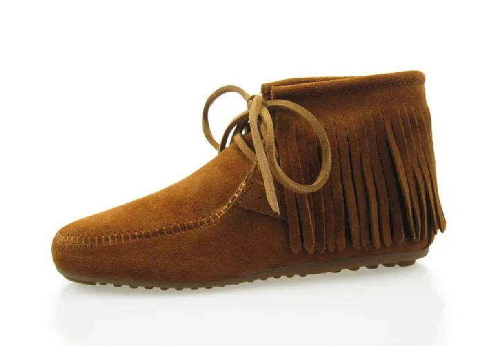 

US4-US9.5 EUR 40 41 Genuine Leather Comfort Women's Flat Heel Fringe Moccasin Round Toe Ankle Boot Shoes