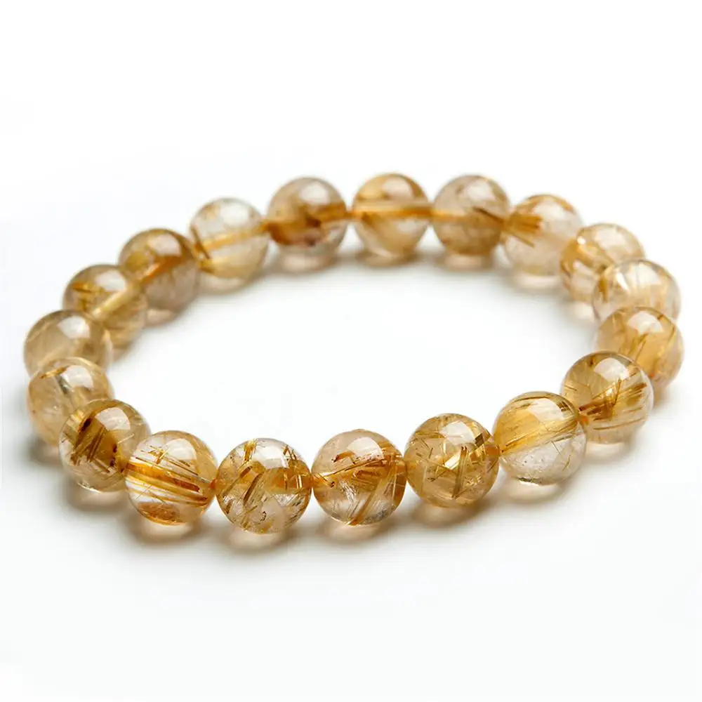 

Natural Brazil Gold Rutilated Quartz Crystal Titanium Woman Man Wealthy Round Beads Bracelet 11mm Jewelry Bangle AAAA