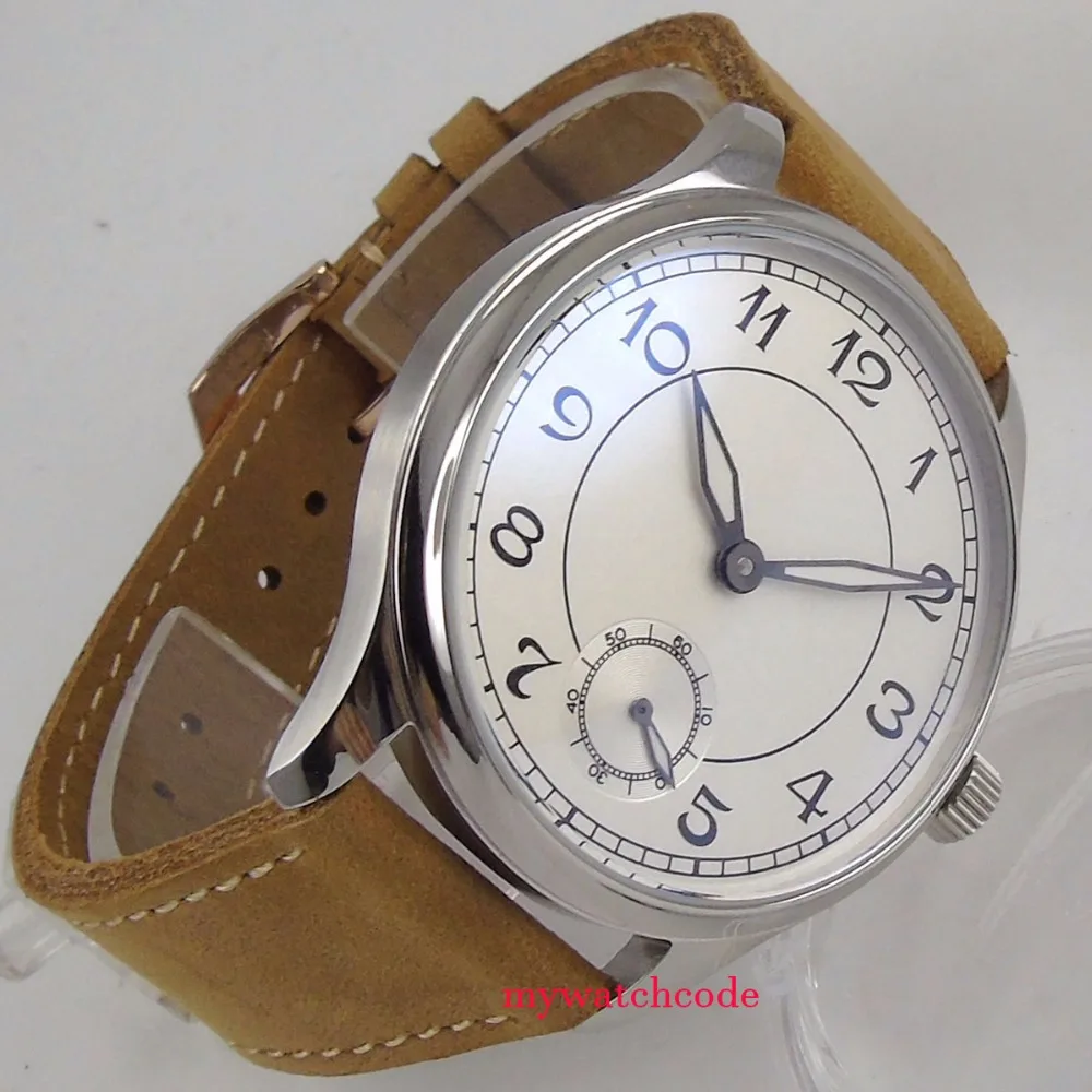 Винтажный стиль 44 мм parnis белый стерильный циферблат кожа Азия 6498 рука обмотки Мужские часы