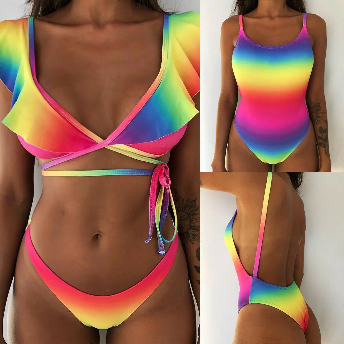 NEW Summer Mujer Women Padded Bikini Set Brazilian Monokini Printed Colorful Ruffle Swimwear Swimsuit Bathing Suit Maillot Femme | Спорт и