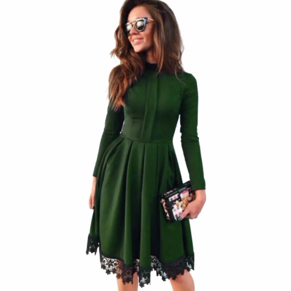 

Hot 2019 Summer New Fashion Women Casual Long Sleeve Dress Green Party O-Neck Lace Dresses Plus Size S-4XL Size