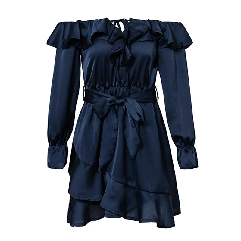 BONGOR LUSS Sexy Ruffles Lace Up Off Shoulder Women Dress Bow Long Sleeves Elegant Vintage Dress Short Party Dress With Sashes  (37)