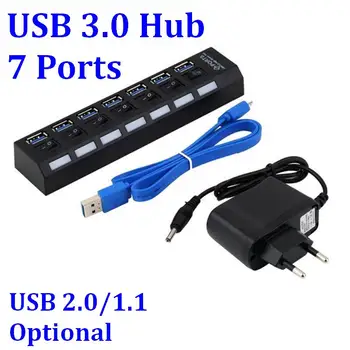 

50pcs/lot 7 ports USB 3.0 High Speed Hub 7Ports USB 3.0 Hub with On/Off Switch + EU AC Power Adapter For PC Laptop