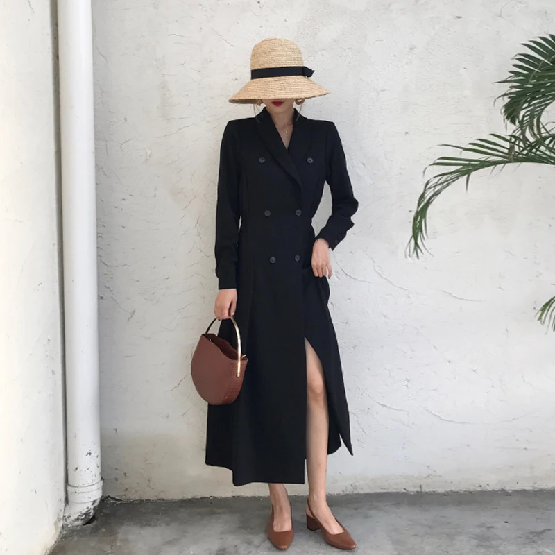 Korean Style 2018 Spring Women Blazers Solid Elegant Extra Long Double Breasted Slim Women Blazer and Jackets femme AO530