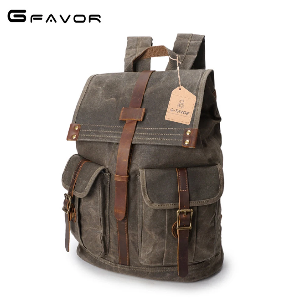 

Men Water-poof Wax Oil Canvas Bag Retro Dark Gray/Military Green/Gray Green Backpack Fashion Travel Knapsack Student Schoolbag