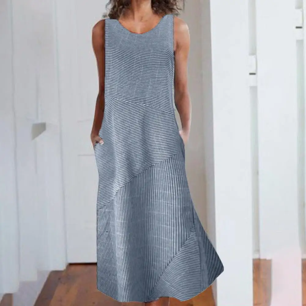 

Women Casual Plus Size Linen Loose Striped Pocket Long Maxi Dress Sleeveless O-Neck Summer Beach Dress Vestido robe femme ED