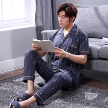 Летние мужские пижамы с коротким рукавом длинные брюки мужские свободные хлопковые кардиганы одежда для сна Мужская домашняя одежда верхняя одежда