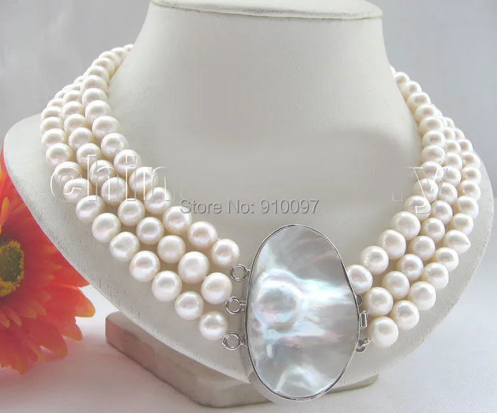 

LHX54013>>> Beautiful 17-19" 3row 10mm white round FW pearl necklace - GP blister Mabe pearl