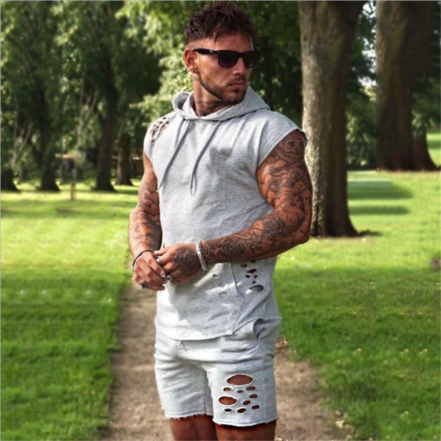 sporting slim fit sets mens Jogger Fashion broken design tracksuit Men's Sportwear Suit Hoodies+shorts Tracksuit Set Male