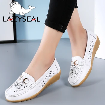 

LazySeal New Hollow Natural Genuine Leather Peas Shoes With Metal Decoration Breathable Square Head Loafers Printed Women Flats