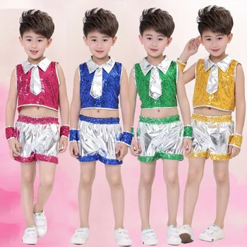 

Jazz Dance Costumes Boys Sequined Vest Shorts Cheerleading Kids Hip Hop Clothing Children Performer Costume Stage Wear DN2953