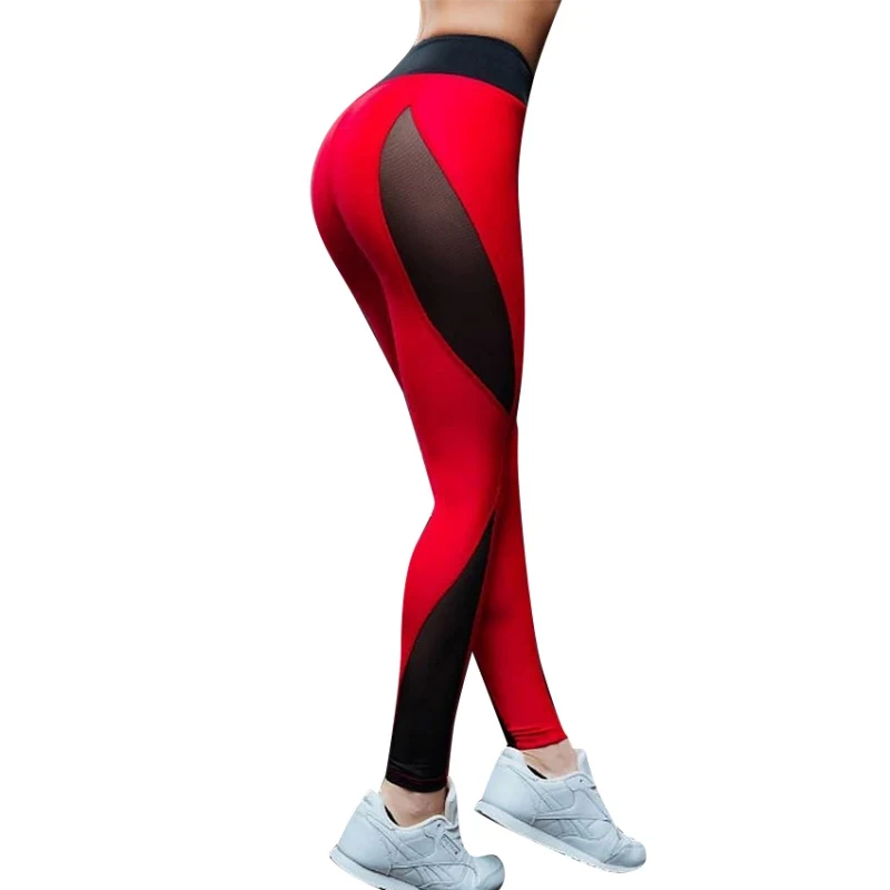 Для женщин леггинсы Высокая Талия сращивания сетки Дизайн брюки красный Спортивная Фитнес леггинсы P2
