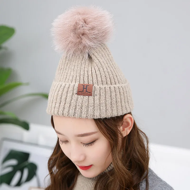 Striped Fluffy Fur Ball Casual Knit Beanie Fold Hat For Women Soft