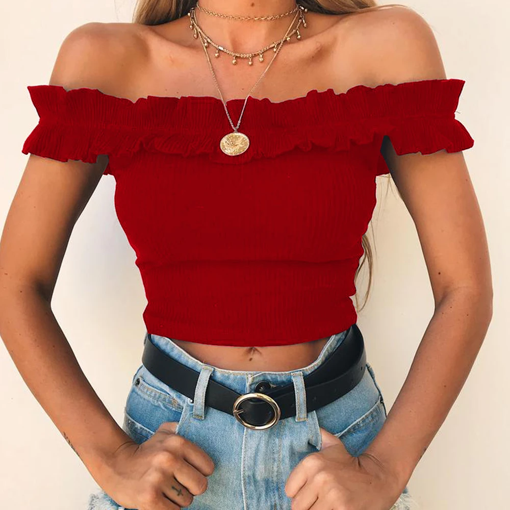 

ZH Off Shoulder Crop Tops Causal Slim Solid Slash Neck Short Top Female Ruffle Sexy Lumbar T-shirt 2019 Summer Pullover Tops