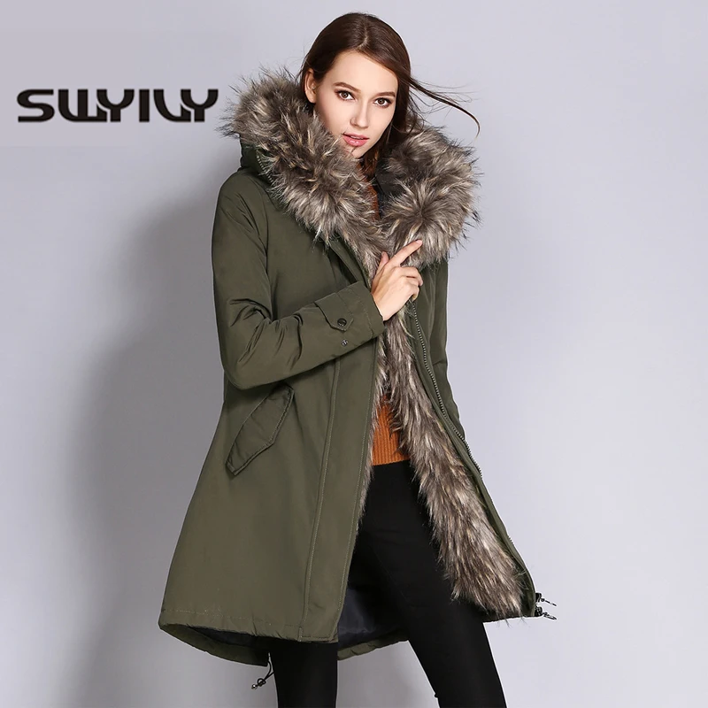 SWYIVY Woman Long Coat Hooded Luxury Fur Collar Warm 2018 Winter New Female Solid Thickened Warm Coats Woman Parkas 3XL Green