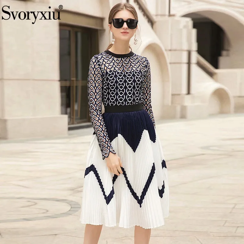 

Svoryxiu Designer Brand Spring Summer Pleated Dress Women's Elegant Hollow Out Embroidery Sexy Party Dresses Vestdios