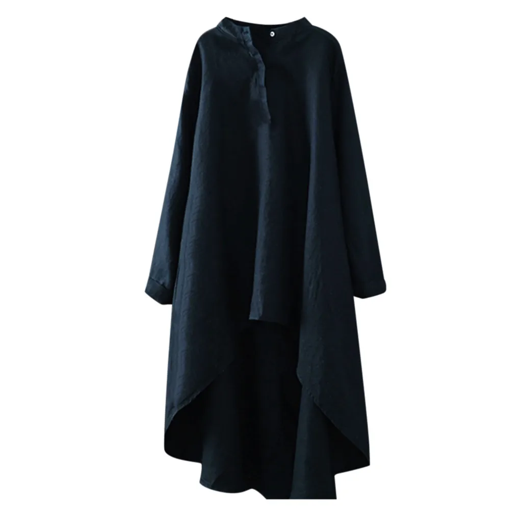

Women Blouses Vintage Solid Trun Down Collar Full Sleeve Button Irregularity Long Tops Female Clothes Plus Sizes Blusa