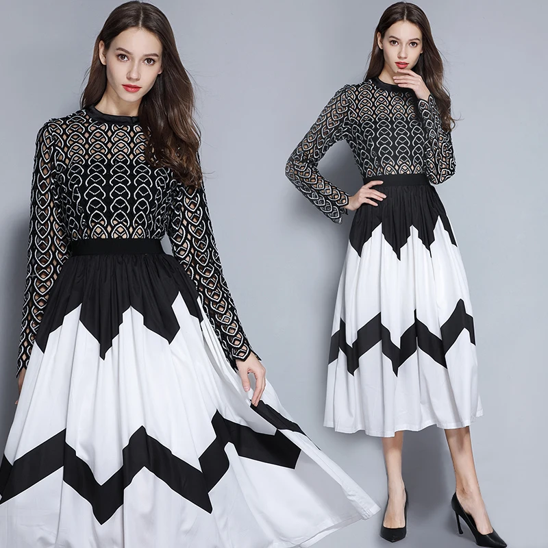 

2019 Runway self portrait Dress Women Long sleeve Stand collar Hollow out Patchwork Split Casual Ruched Maxi Dresses vestidos