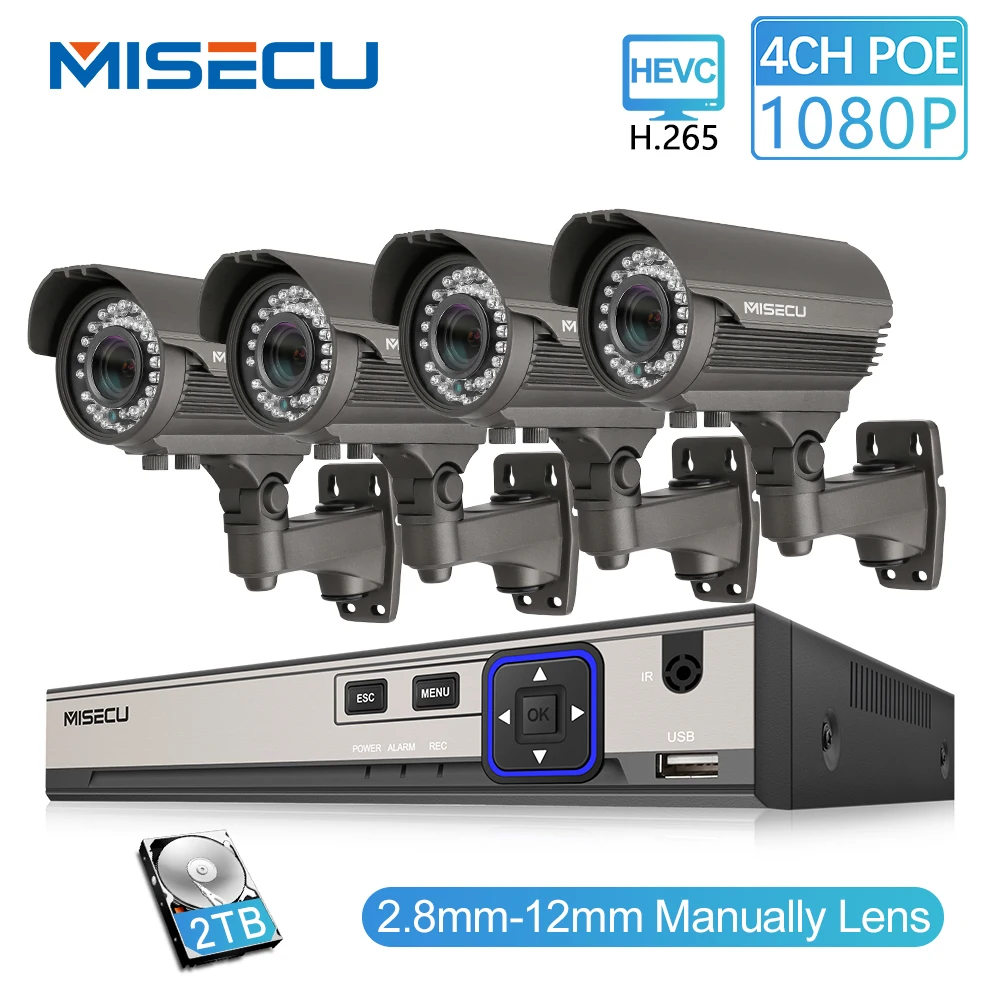 MISECU 1080 P 4CH HD NVR комплект POE 48 V 2MP 42 шт ИК 2 8 12 мм вручную зум объектив Камера