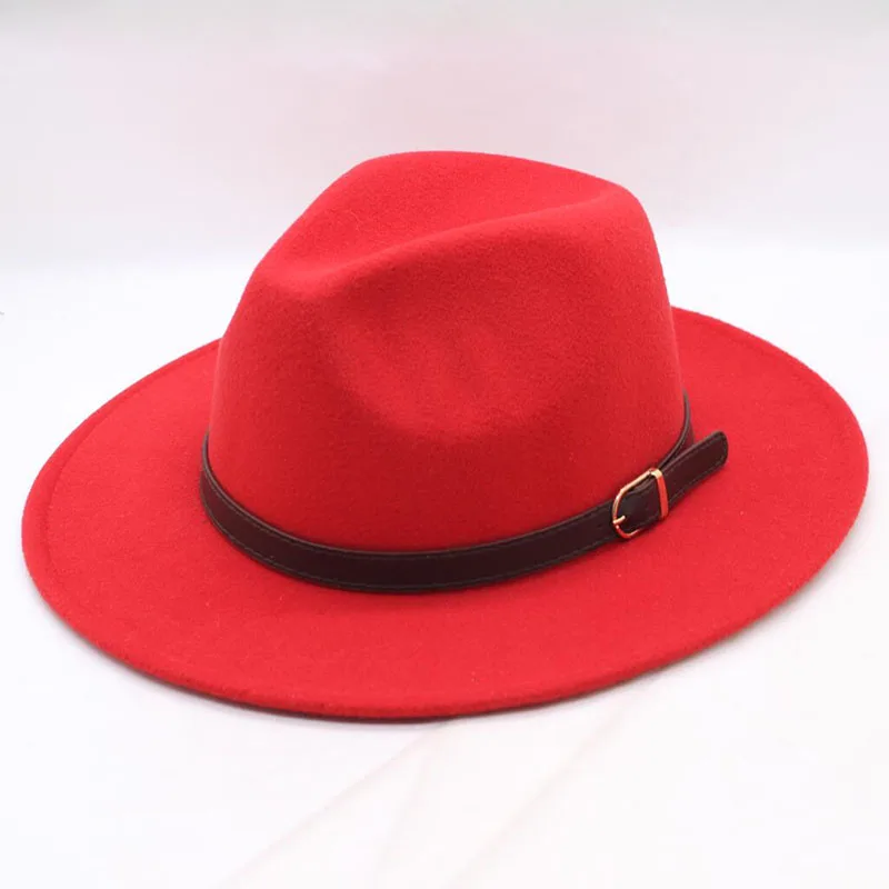 BINGYUANHAOXUAN, для мужчин и женщин, с широкими плоскими полями, шерсть, войлок, для формальной вечеринки, джаз, шляпа Федора, с поясом, металл, унисекс, топ, Солнцезащитная шляпа - Цвет: red