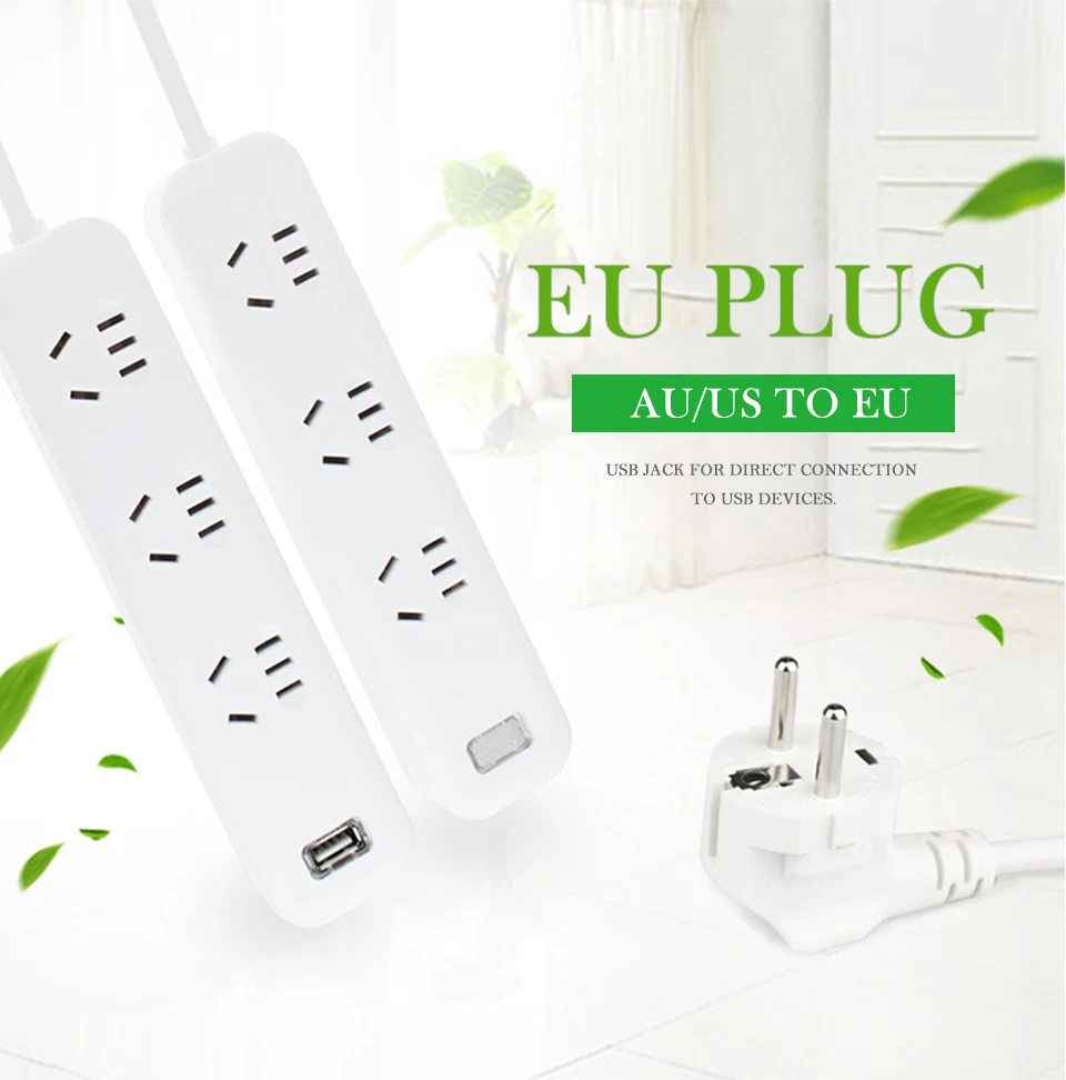 AU US To EU Plug With USB Power Strip Socket Interface Adapter Travel Wall Converter 250V 10A 2500W Fast Charging Extension (1)